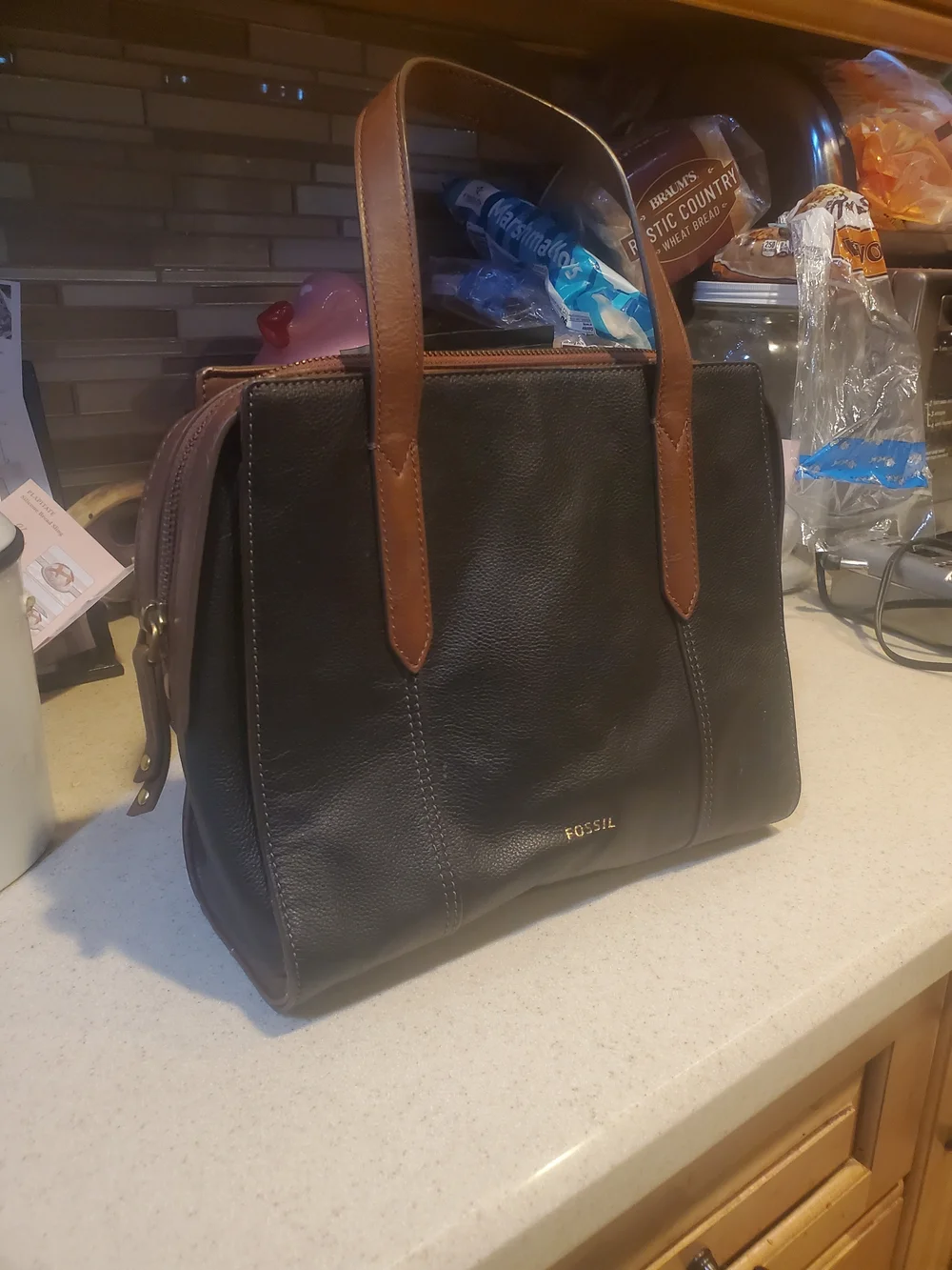 Fossil Black Leather Satchel with Brown Leather Handles